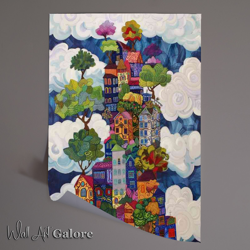 Buy Unframed Poster : (Urban city fantasy houses in clouds)