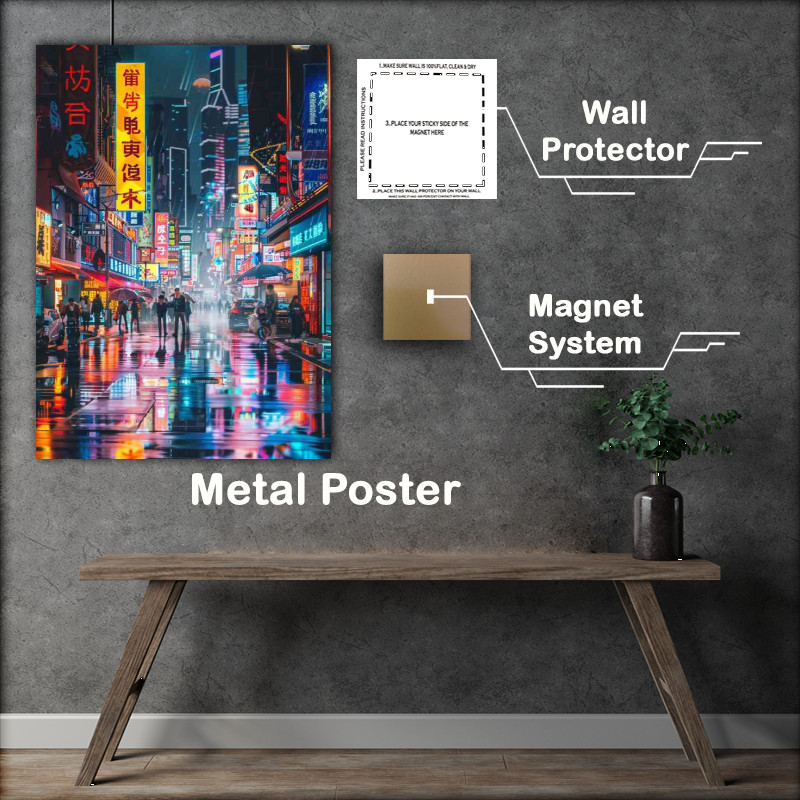 Buy Metal Poster : (City streets in a cyberpunk scene at night)