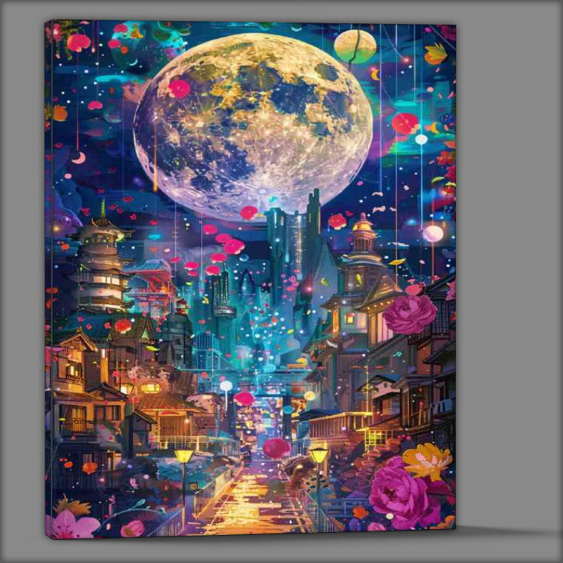 Buy Canvas : (Fantasy full moon with red flowers city)