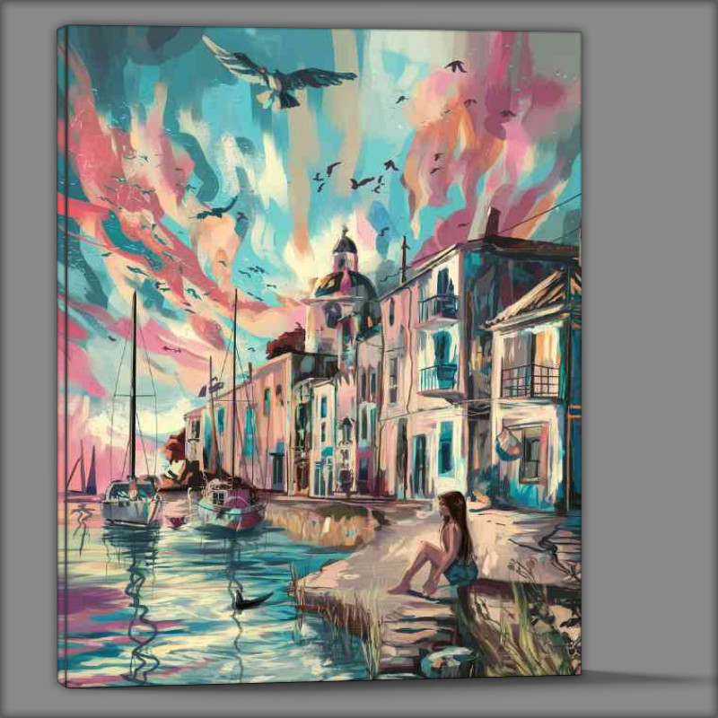 Buy Canvas : (Painted costal town during sunset)