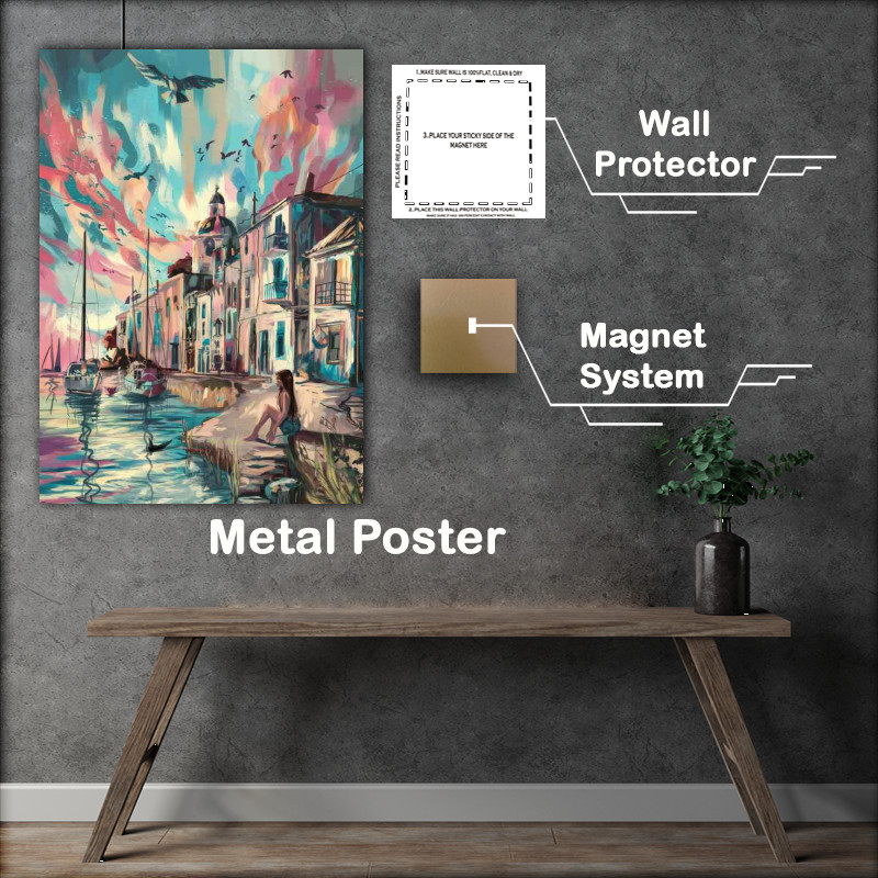 Buy Metal Poster : (Painted costal town during sunset)