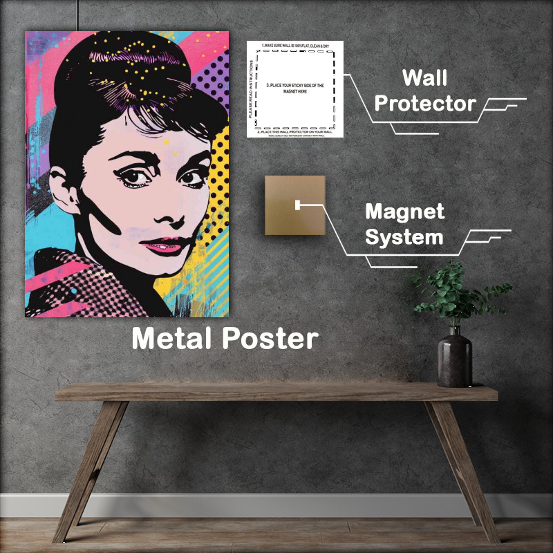 Buy Metal Poster : (A pop art painting of Audrey Hepburn with polka dots)