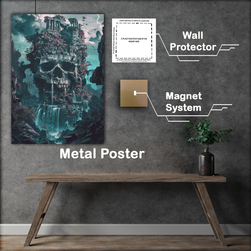 Buy Metal Poster : (A skull made of stone with waterfalls)