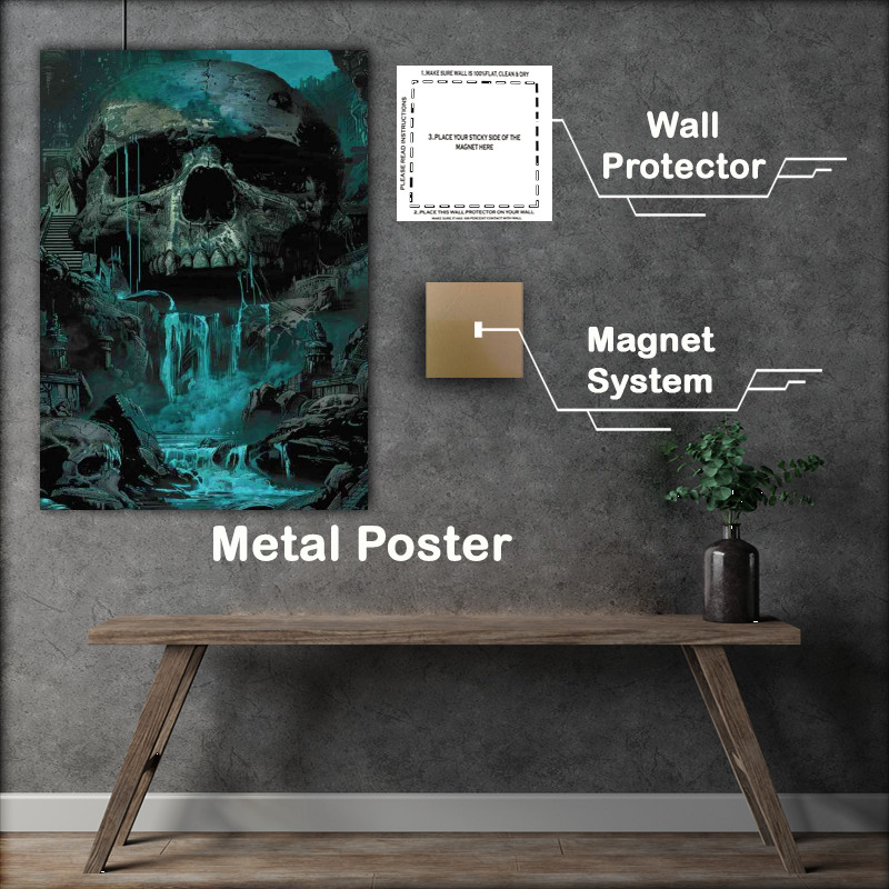 Buy Metal Poster : (Skull with an ancient temple and waterfall)