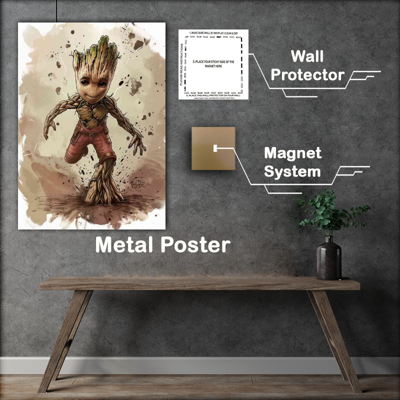 Buy Metal Poster : (Cartoon style of groot on the run)