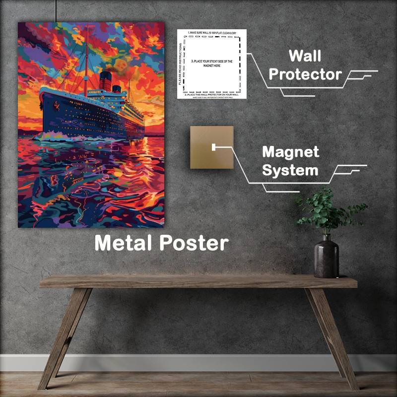 Buy Metal Poster : (Painting of the titanic in the sunset at sea)