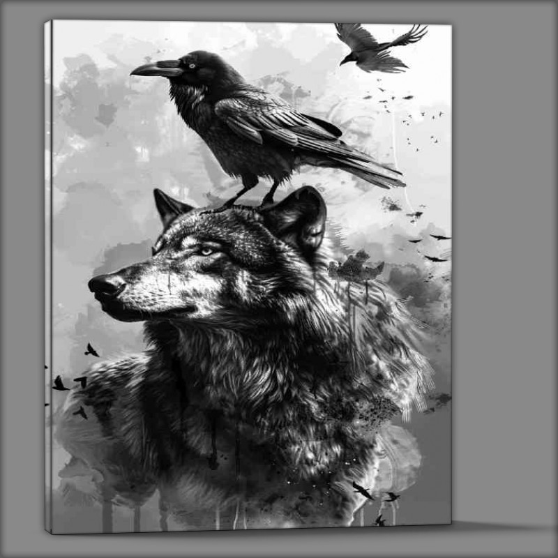 Buy Canvas : (Raven perched on the back of an elegant wolf)