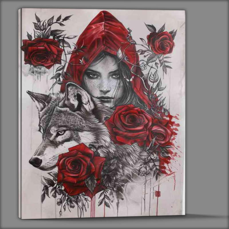 Buy Canvas : (Red hooded girl with roses and the wolf)