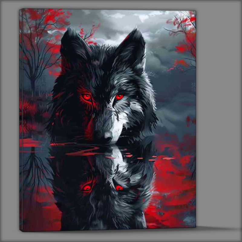 Buy Canvas : (Red lake black wolf with red eyes reflection)