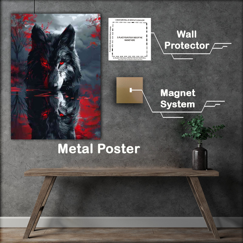 Buy Metal Poster : (Red lake black wolf with red eyes reflection)
