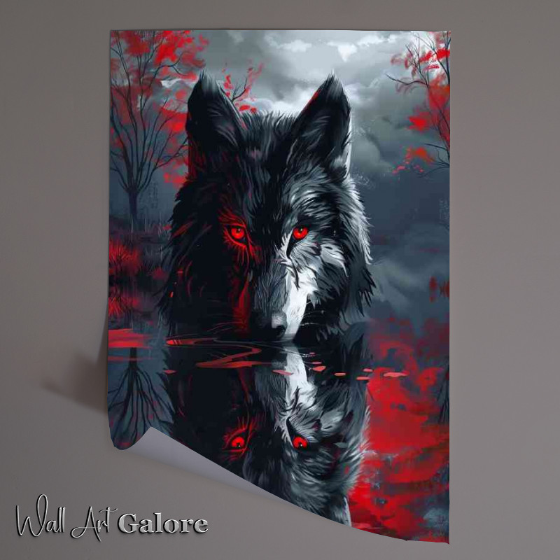 Buy Unframed Poster : (Red lake black wolf with red eyes reflection)