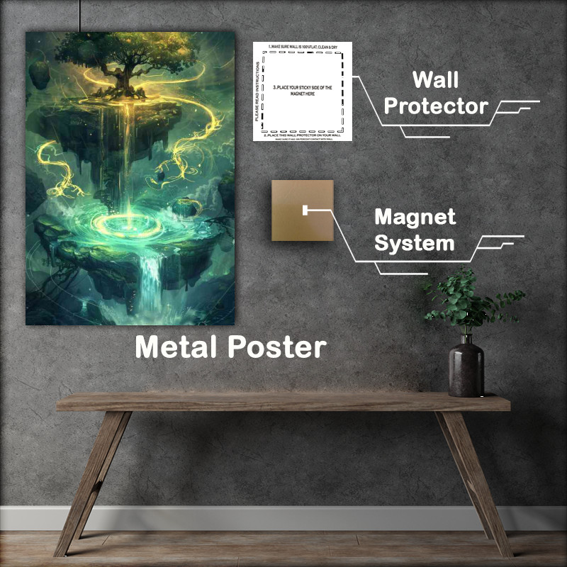 Buy Metal Poster : (ancient tree glowing water fall island)