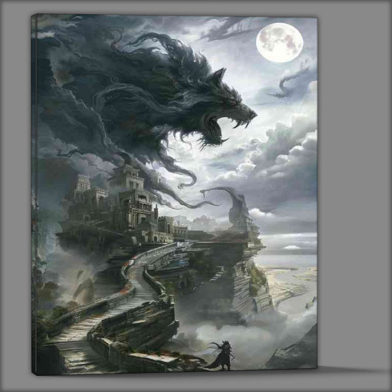 Buy Canvas : (Huge black werewolf protecting the city)