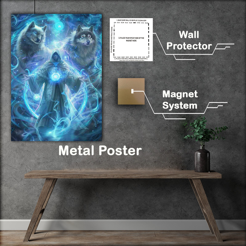 Buy Metal Poster : (Male wizzard with two white wolves)