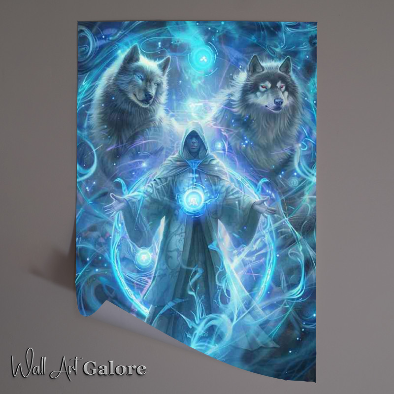 Buy Unframed Poster : (Male wizzard with two white wolves)