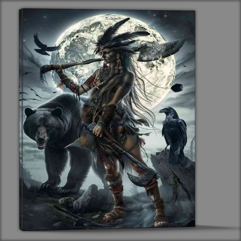 Buy Canvas : (Shaman woman with long hair and wolf feathers)