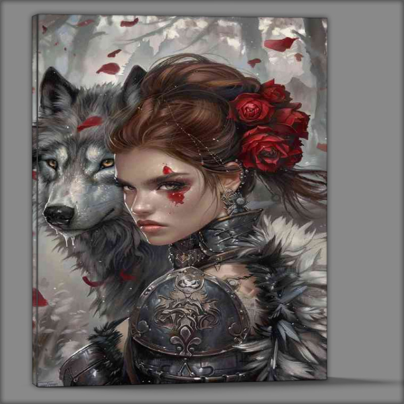 Buy Canvas : (WOman with roses in hair and white wolf)