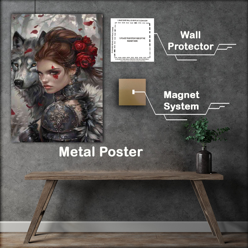 Buy Metal Poster : (WOman with roses in hair and white wolf)