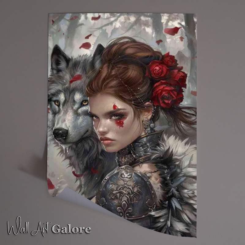 Buy Unframed Poster : (WOman with roses in hair and white wolf)