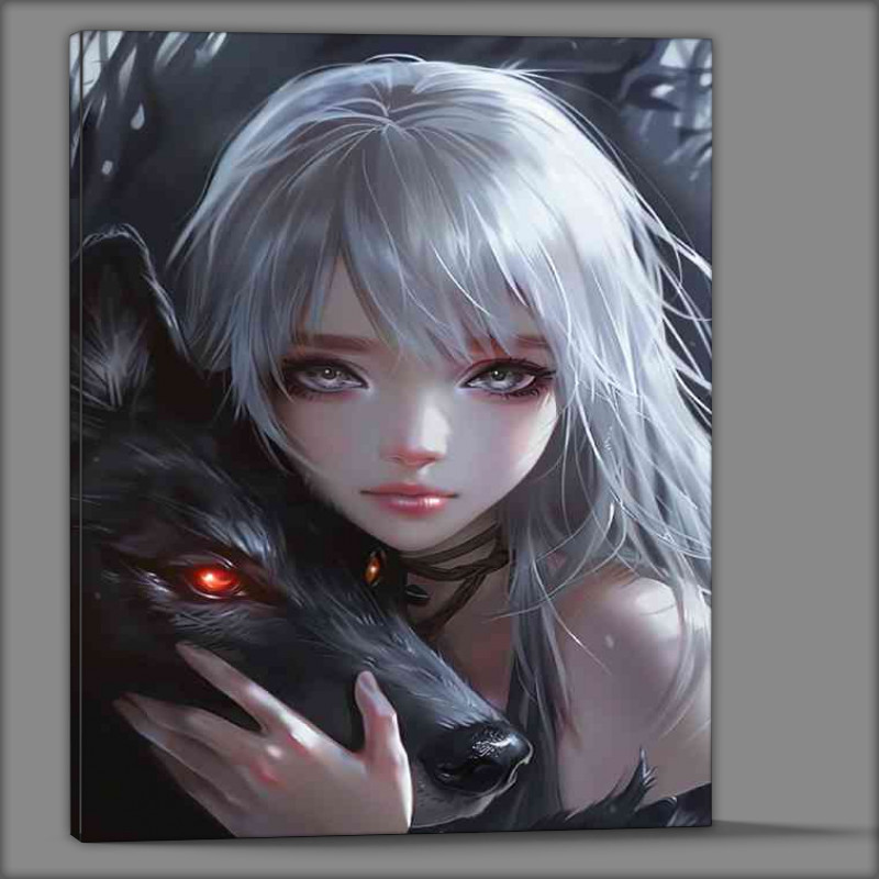 Buy Canvas : (White haird girl black wolf)