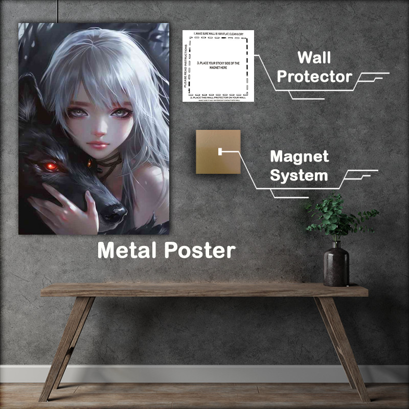 Buy Metal Poster : (White haird girl black wolf)