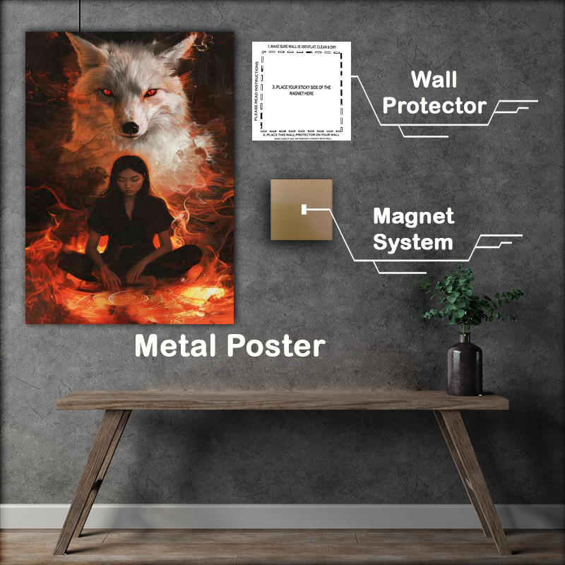 Buy Metal Poster : (Woman sits crosslegged with wolf protector)