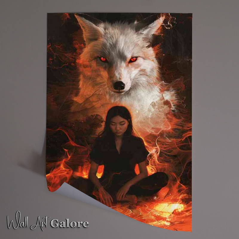 Buy Unframed Poster : (Woman sits crosslegged with wolf protector)