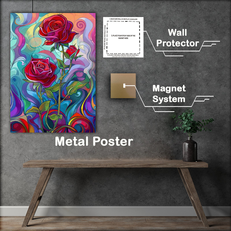 Buy Metal Poster : (Art nouveau red roses swirls)