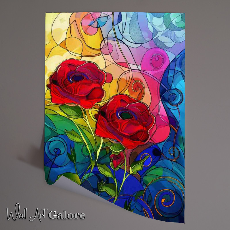 Buy Unframed Poster : (Art nouveau red roses swirls green leaf)