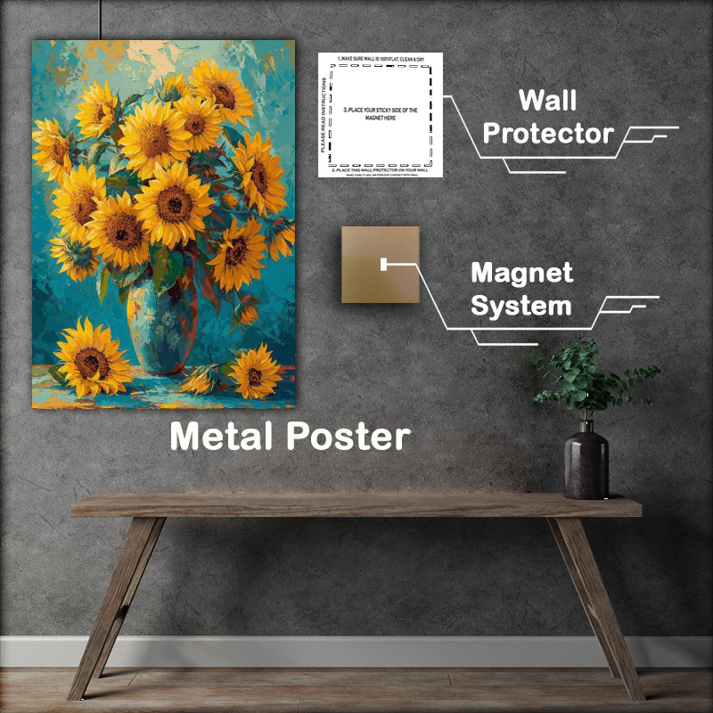 Buy Metal Poster : (The oil painting of sunflowers blue background)