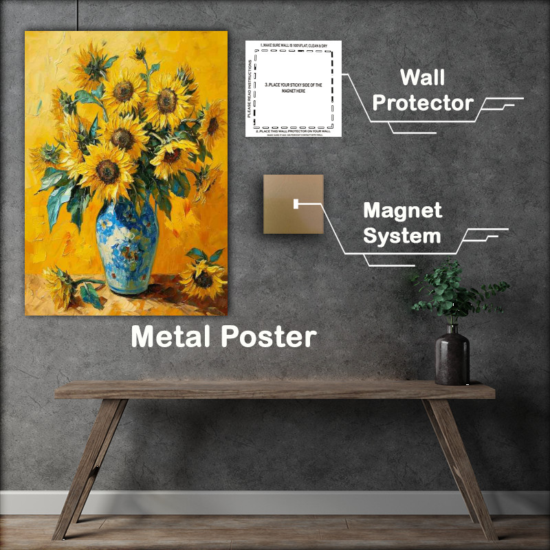 Buy Metal Poster : (Yellow bright sinflowers blue vase)