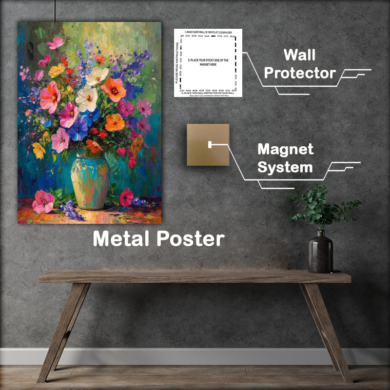 Buy Metal Poster : (the painted vase of colourful burst of flowers)
