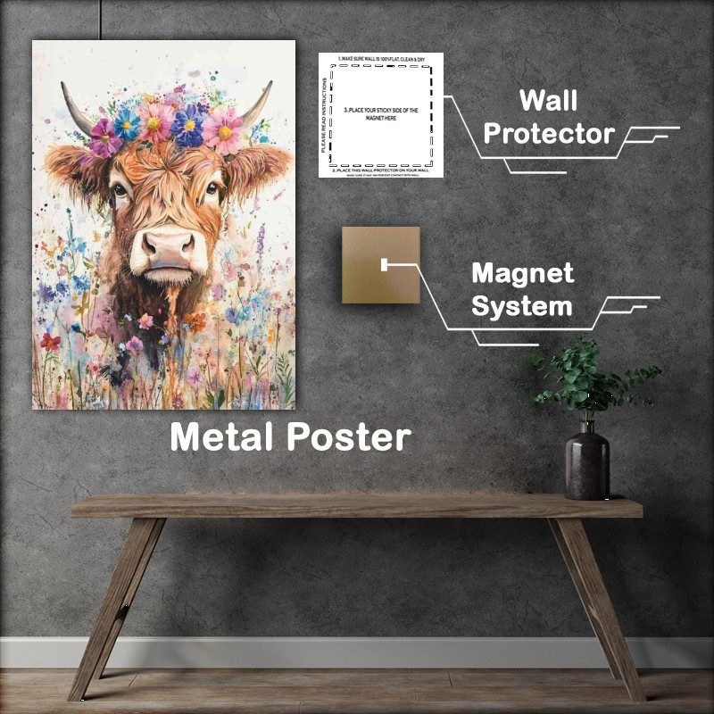 Buy Metal Poster : (Highland cow in a daisy field and flowers)