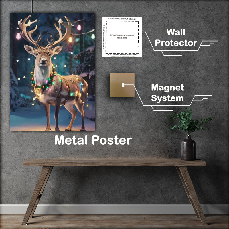 Buy Metal Poster : (Majestic reindeer standing in a snowy street christmas)