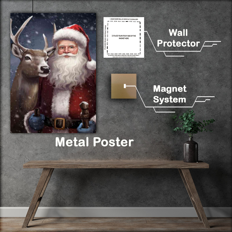 Buy Metal Poster : (Santa clause on a snowy night with his raindeer)