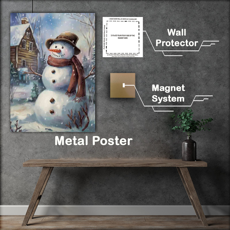 Buy Metal Poster : (The cheerful snowman in winter)