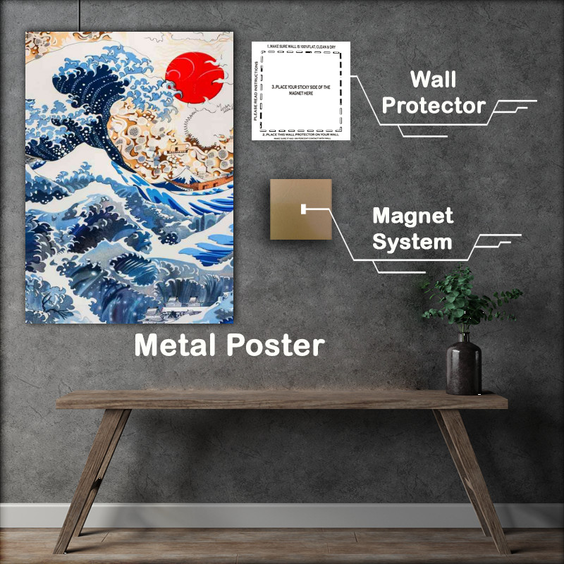 Buy Metal Poster : (Blue waves and the red sun)