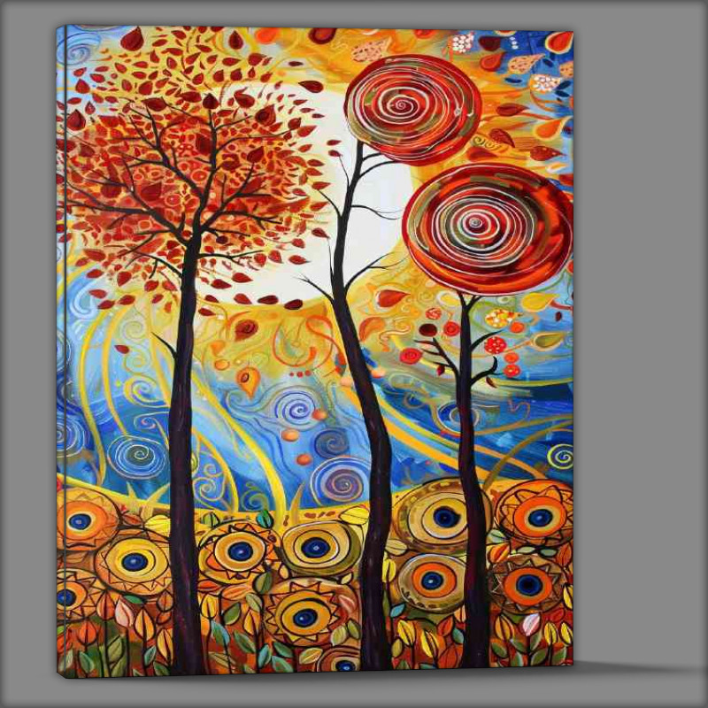 Buy Canvas : (A painting of trees with red leaves and the sun)