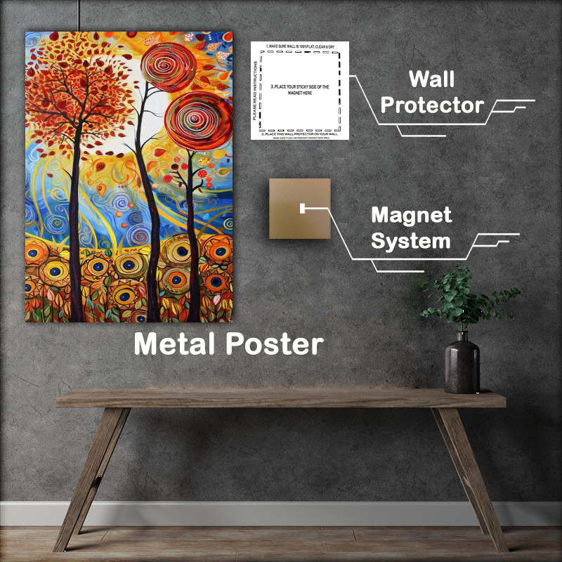 Buy Metal Poster : (A painting of trees with red leaves and the sun)