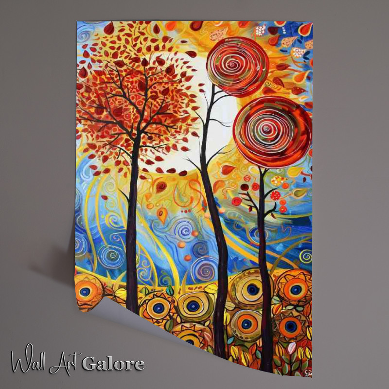 Buy Unframed Poster : (A painting of trees with red leaves and the sun)