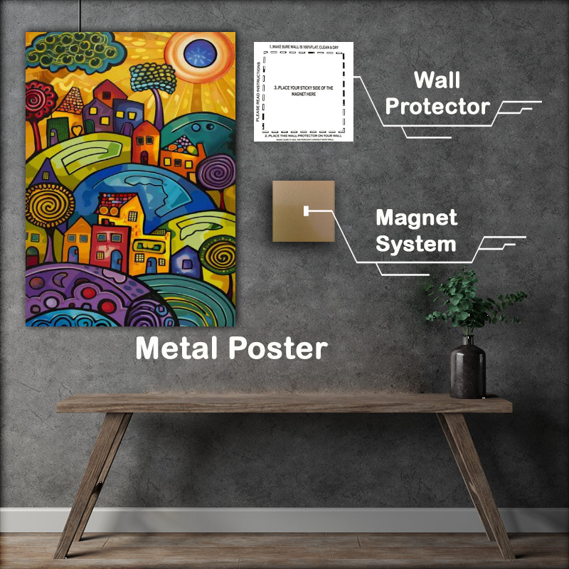 Buy Metal Poster : (Abstract houses in colours on the swirly hill)