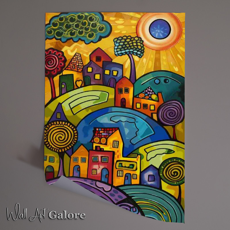 Buy Unframed Poster : (Abstract houses in colours on the swirly hill)