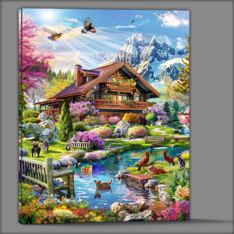 Buy Canvas : (Beautiful house in the mountains with flowers)
