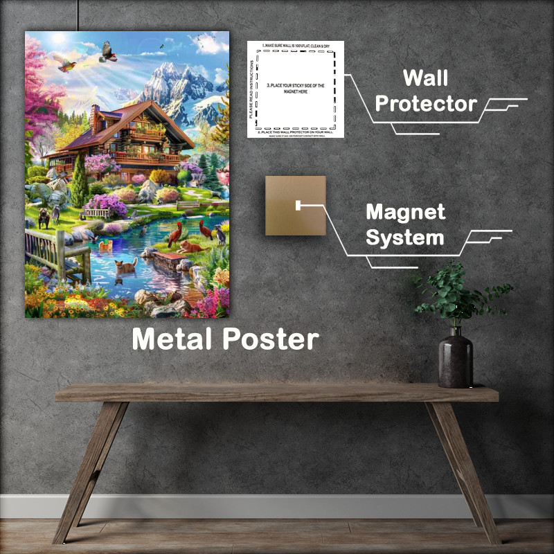Buy Metal Poster : (Beautiful house in the mountains with flowers)