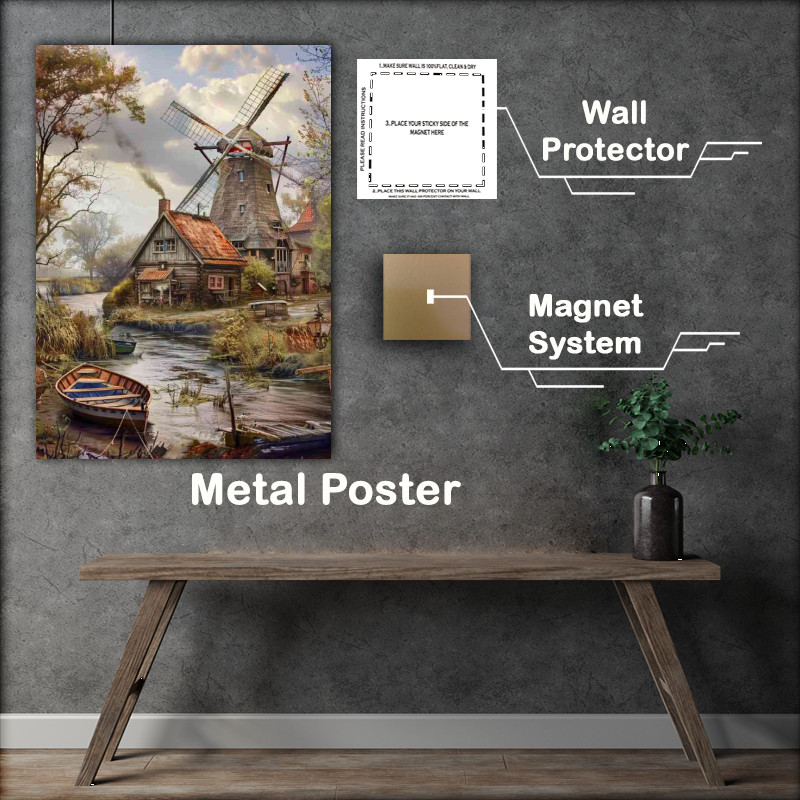 Buy Metal Poster : (Beautiful old windmill by the river with boats)