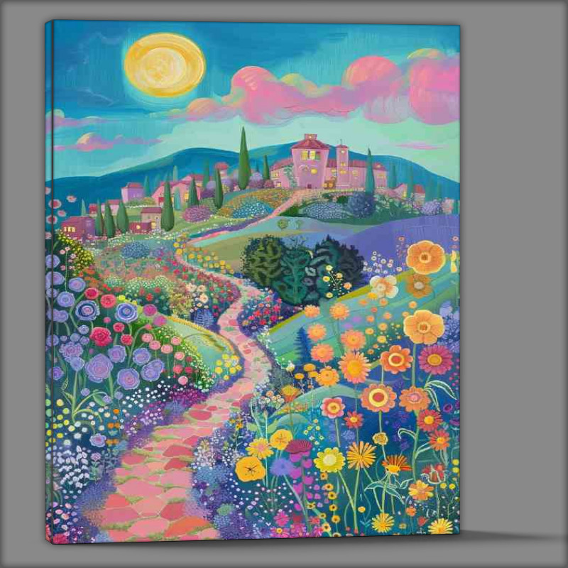Buy Canvas : (Flower fields with sweeping long stone path)