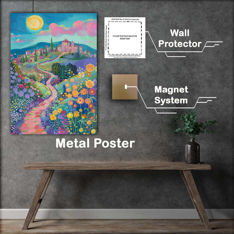 Buy Metal Poster : (Flower fields with sweeping long stone path)