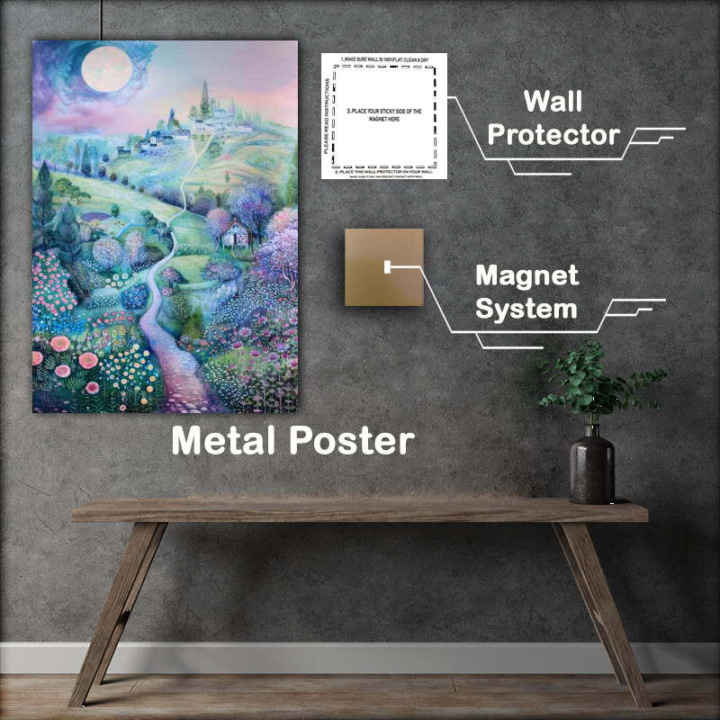 Buy Metal Poster : (Flowery painting of the landscape hils)