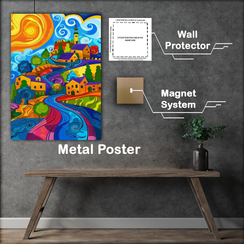 Buy Metal Poster : (Life in the country village swirling sun)