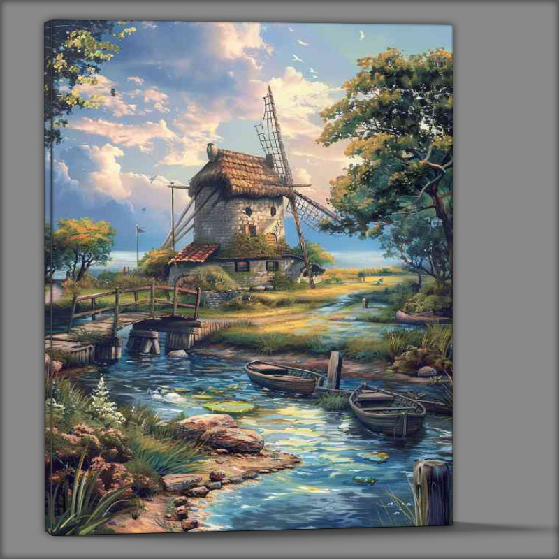 Buy Canvas : (Old windmil by the stream with boat)